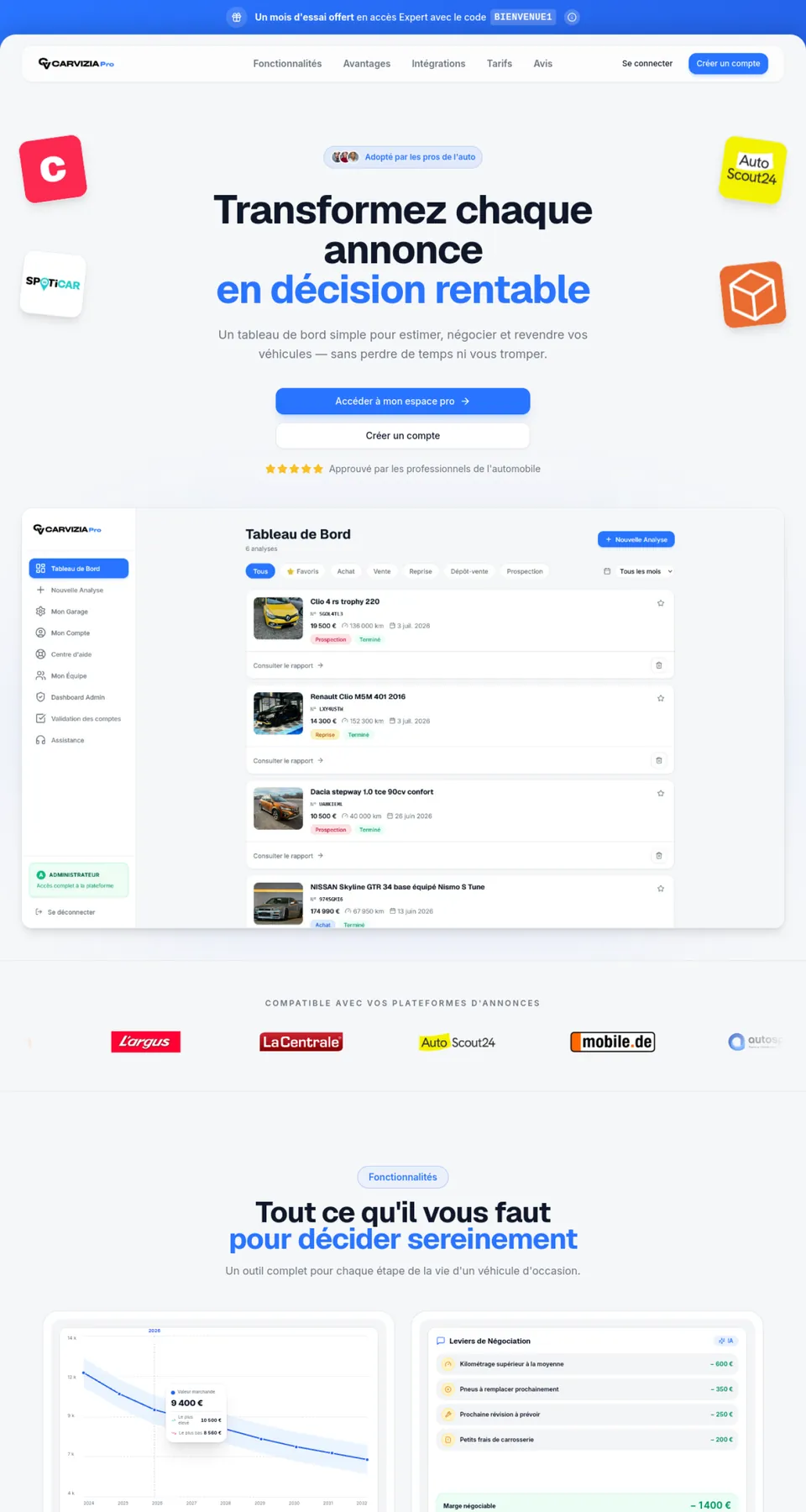 CARVIZIA Pro — création web app b2b par THRPUB, page d'accueil