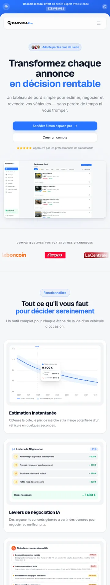 CARVIZIA Pro — création web app b2b par THRPUB, affichage mobile