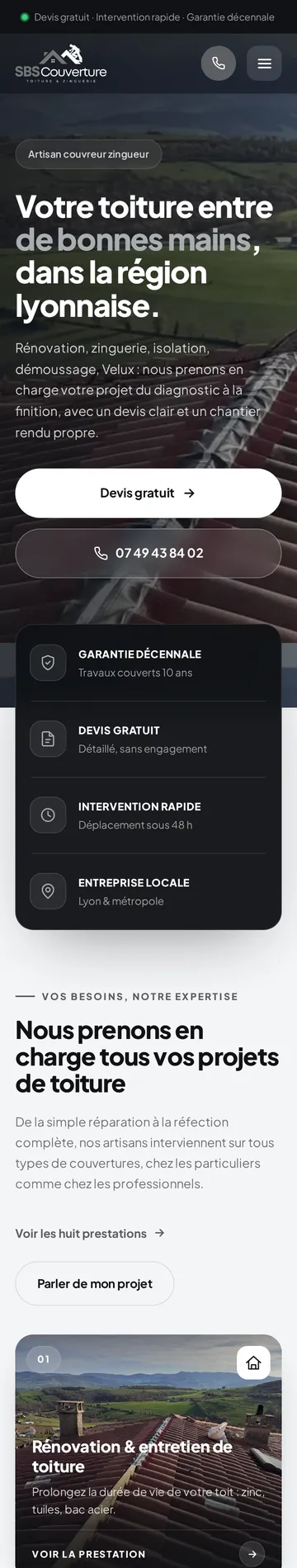 SBS Couverture — site web sur-mesure par THRPUB, affichage mobile